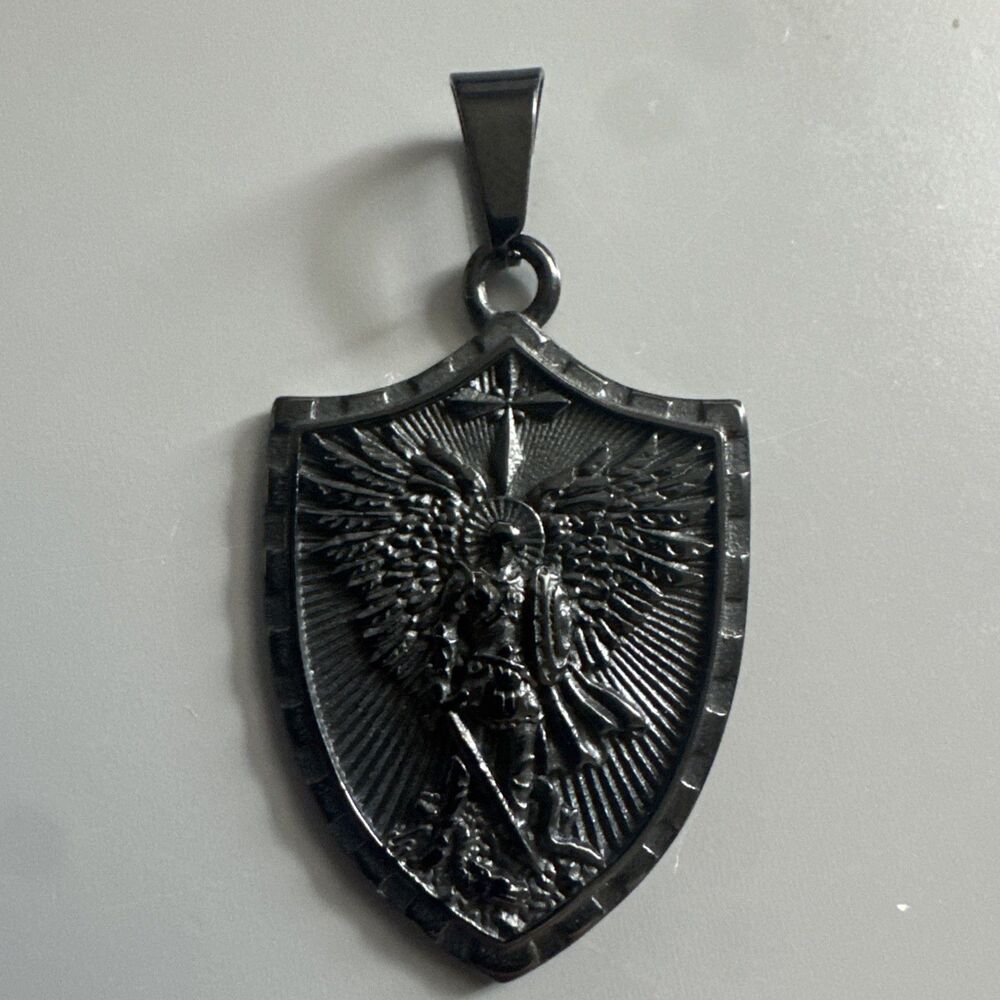 Cross Shield Black Pendant Stainless Steel 24 Inch Chain Angel Wings Unisex Gift
